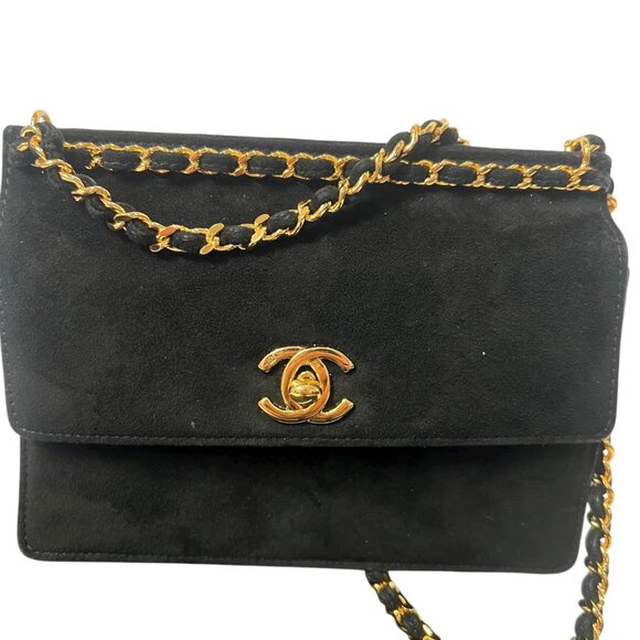 CHANEL Black Suede '96-'97 Gold Turn-Lock Mini Chain Strap Crossbody - Picture 3 of 11